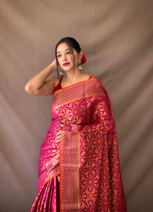 SGF11 Women's Kanjivaram patola Soft Lichi Silk Sarees With Unstitched Blouse Piece (Wine/Orange) 