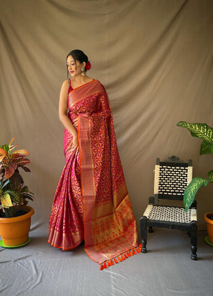 SGF11 Women's Kanjivaram patola Soft Lichi Silk Sarees With Unstitched Blouse Piece (Wine/Orange) 