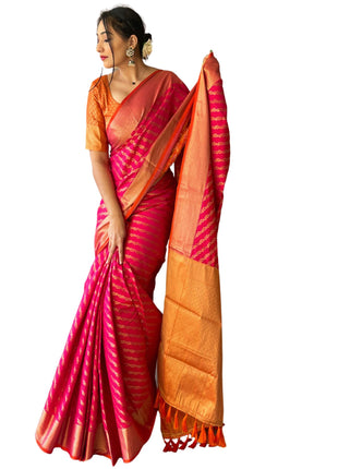 SGF11 Women's Leriya patola Soft Lichi Silk Banarasi Sarees With Blouse Piece (Pink) 