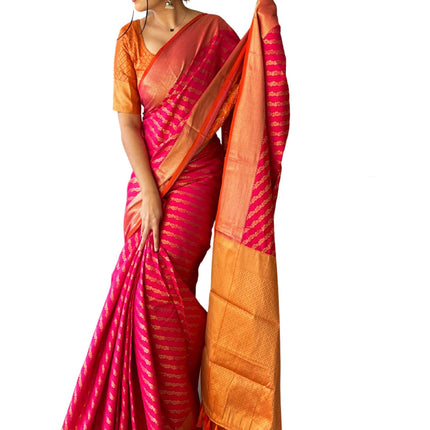 SGF11 Women's Leriya patola Soft Lichi Silk Banarasi Sarees With Blouse Piece (Pink) 
