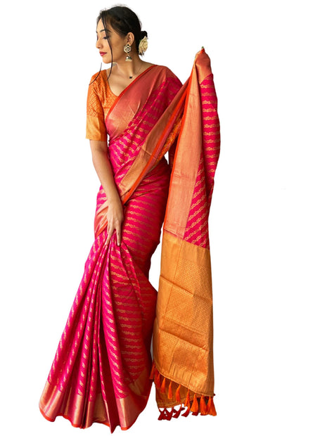 SGF11 Women's Leriya patola Soft Lichi Silk Banarasi Sarees With Blouse Piece (Pink) 