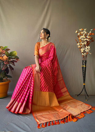 SGF11 Women's Leriya patola Soft Lichi Silk Banarasi Sarees With Blouse Piece (Pink) 