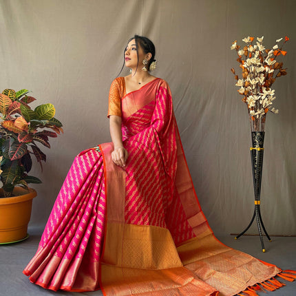 SGF11 Women's Leriya patola Soft Lichi Silk Banarasi Sarees With Blouse Piece (Pink) 