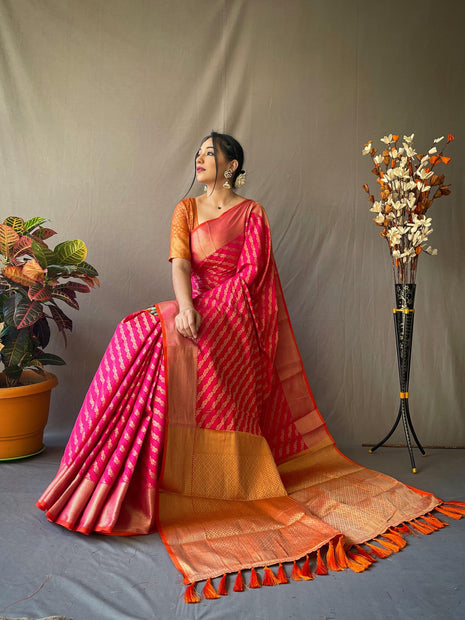 SGF11 Women's Leriya patola Soft Lichi Silk Banarasi Sarees With Blouse Piece (Pink) 