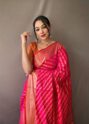 SGF11 Women's Leriya patola Soft Lichi Silk Banarasi Sarees With Blouse Piece (Pink) 