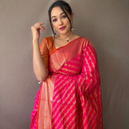 SGF11 Women's Leriya patola Soft Lichi Silk Banarasi Sarees With Blouse Piece (Pink) 