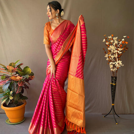 SGF11 Women's Leriya patola Soft Lichi Silk Banarasi Sarees With Blouse Piece (Pink) 