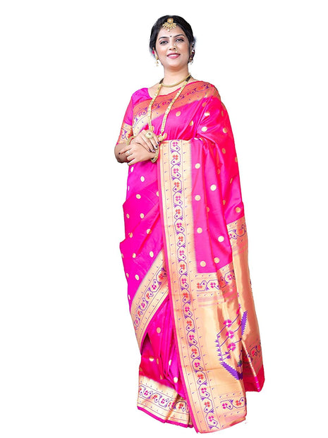 SGF11 Women's Paithani Kanjivaram Pure Soft Silk Handloom Saree Pure Golden Zari With Blouse Piece (Pink) 