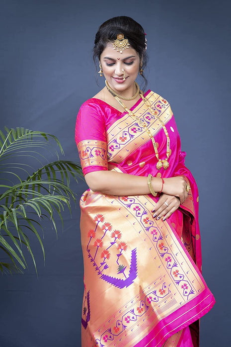 SGF11 Women's Paithani Kanjivaram Pure Soft Silk Handloom Saree Pure Golden Zari With Blouse Piece (Pink) 