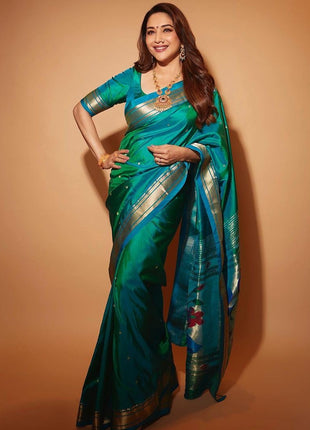 SGF11 Women's Paithani Kanjivaram Soft Silk Saree With Blouse Piece (Sea Green) 