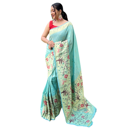 SGF11 Women's Paithani Soft Lichi Silk Banarasi Sarees With Blouse Piece (Light Blue) 