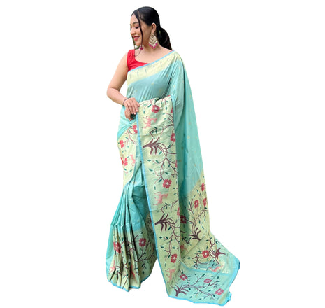 SGF11 Women's Paithani Soft Lichi Silk Banarasi Sarees With Blouse Piece (Light Blue) 