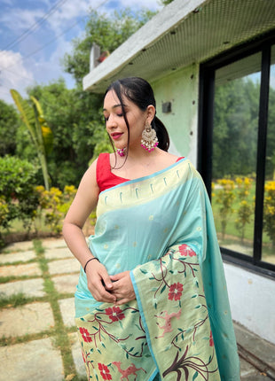 SGF11 Women's Paithani Soft Lichi Silk Banarasi Sarees With Blouse Piece (Light Blue) 