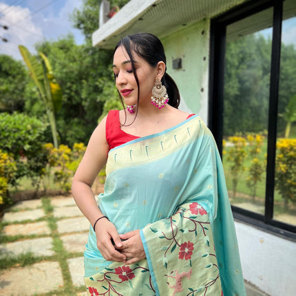 SGF11 Women's Paithani Soft Lichi Silk Banarasi Sarees With Blouse Piece (Light Blue) 