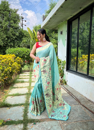 SGF11 Women's Paithani Soft Lichi Silk Banarasi Sarees With Blouse Piece (Light Blue) 