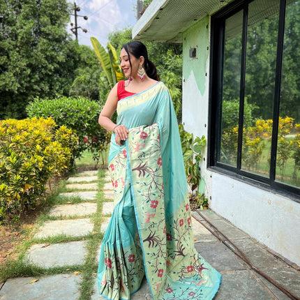 SGF11 Women's Paithani Soft Lichi Silk Banarasi Sarees With Blouse Piece (Light Blue) 