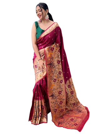 SGF11 Women's Paithani Soft Lichi Silk Banarasi Sarees With Blouse Piece (Maroon) 