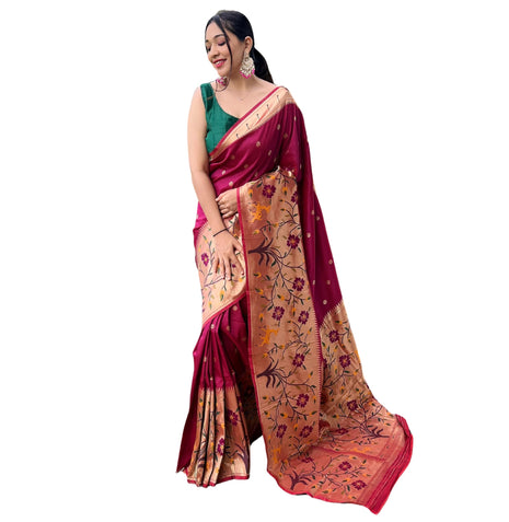 SGF11 Women's Paithani Soft Lichi Silk Banarasi Sarees With Blouse Piece (Maroon) 