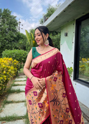 SGF11 Women's Paithani Soft Lichi Silk Banarasi Sarees With Blouse Piece (Maroon) 