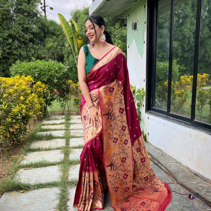 SGF11 Women's Paithani Soft Lichi Silk Banarasi Sarees With Blouse Piece (Maroon) 