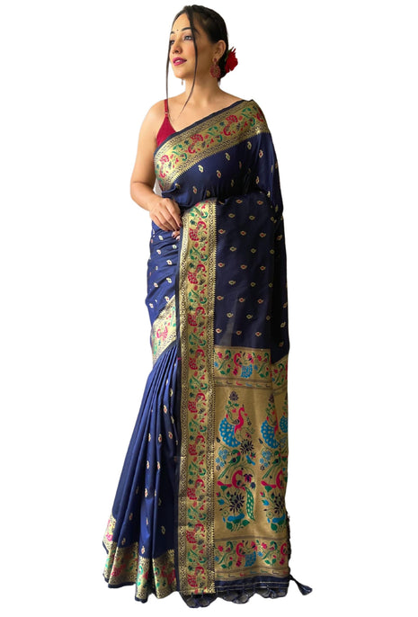 SGF11 Women's Paithani Soft Lichi Silk Kanjivaram Sarees With Blouse Piece (Dark Blue) 