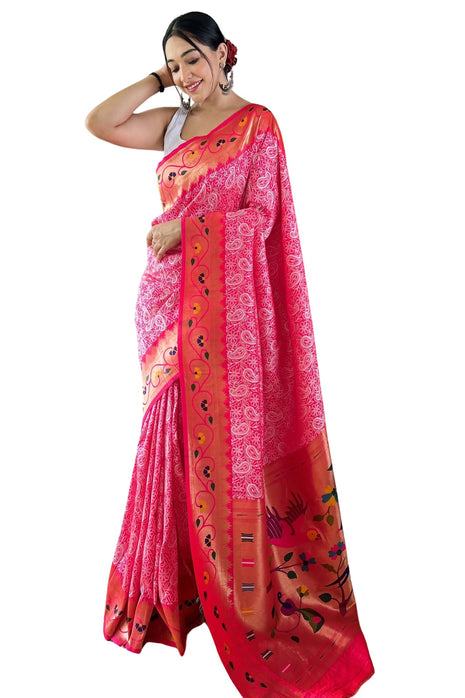 SGF11 Women's Paithani Soft Lichi Silk Kanjivaram Sarees With Blouse Piece (Pink) 