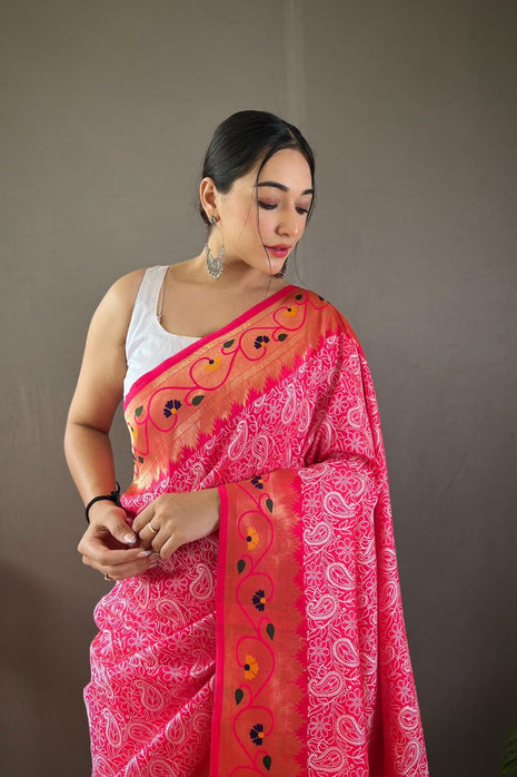 SGF11 Women's Paithani Soft Lichi Silk Kanjivaram Sarees With Blouse Piece (Pink) 