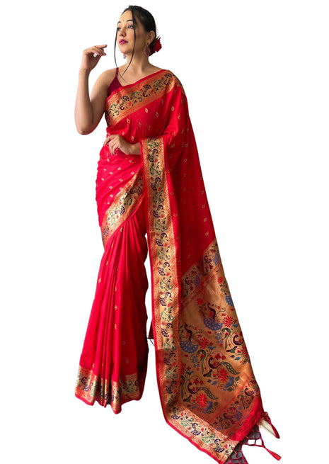 SGF11 Women's Paithani Soft Lichi Silk Kanjivaram Sarees With Blouse Piece (Red) 
