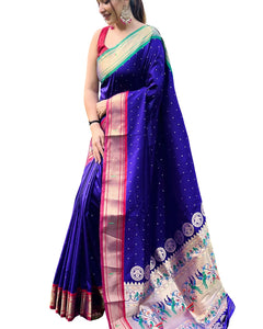 SGF11 Women's Paithani Soft Lichi Silk Kanjivaram Sarees With Blouse Piece (Royal Blue) 