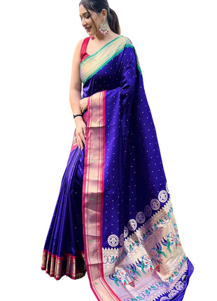 SGF11 Women's Paithani Soft Lichi Silk Kanjivaram Sarees With Blouse Piece (Royal Blue) 