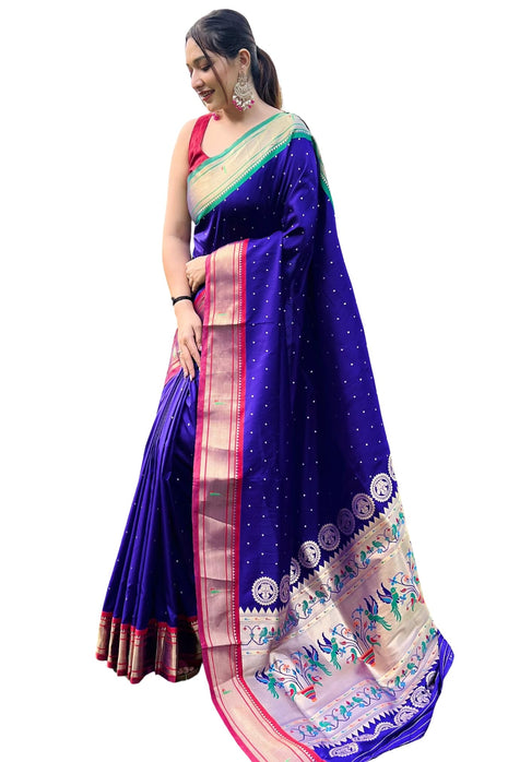 SGF11 Women's Paithani Soft Lichi Silk Kanjivaram Sarees With Blouse Piece (Royal Blue) 