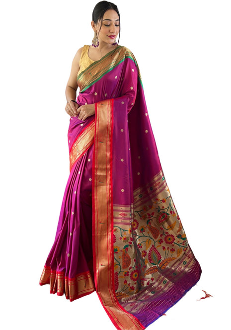 SGF11 Women's Paithani Soft Silk Kanjivaram Sarees With Blouse Piece (Dark Pink) 