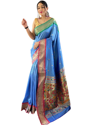 SGF11 Women's Paithani Soft Silk Kanjivaram Sarees With Blouse Piece (Light Blue) 