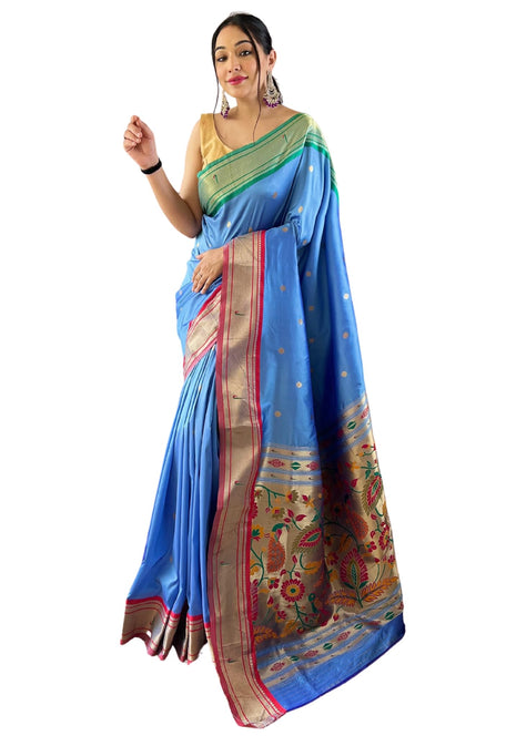 SGF11 Women's Paithani Soft Silk Kanjivaram Sarees With Blouse Piece (Light Blue) 