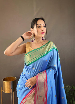 SGF11 Women's Paithani Soft Silk Kanjivaram Sarees With Blouse Piece (Light Blue) 
