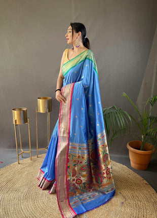 SGF11 Women's Paithani Soft Silk Kanjivaram Sarees With Blouse Piece (Light Blue) 