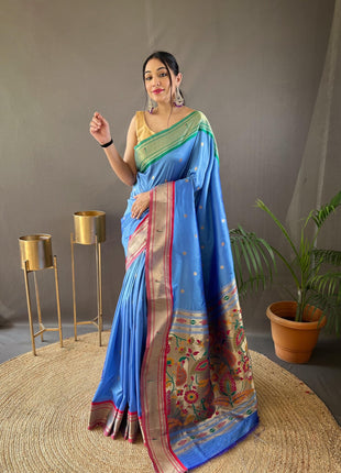 SGF11 Women's Paithani Soft Silk Kanjivaram Sarees With Blouse Piece (Light Blue) 