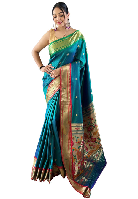 SGF11 Women's Paithani Soft Silk Kanjivaram Sarees With Blouse Piece (Rama Green) 