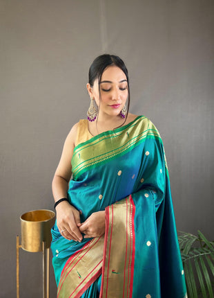 SGF11 Women's Paithani Soft Silk Kanjivaram Sarees With Blouse Piece (Rama Green) 