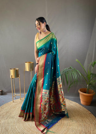 SGF11 Women's Paithani Soft Silk Kanjivaram Sarees With Blouse Piece (Rama Green) 