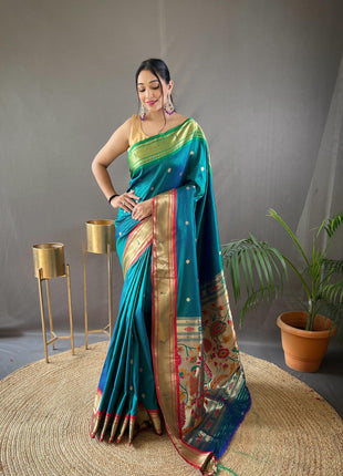 SGF11 Women's Paithani Soft Silk Kanjivaram Sarees With Blouse Piece (Rama Green) 