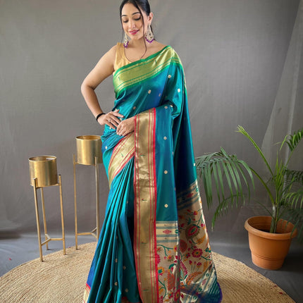 SGF11 Women's Paithani Soft Silk Kanjivaram Sarees With Blouse Piece (Rama Green) 