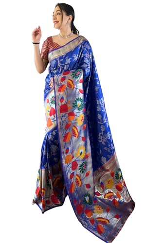 SGF11 Women's Paithani Soft Silk Zari Woven Kanjivaram Sarees With Blouse Piece (Blue) 
