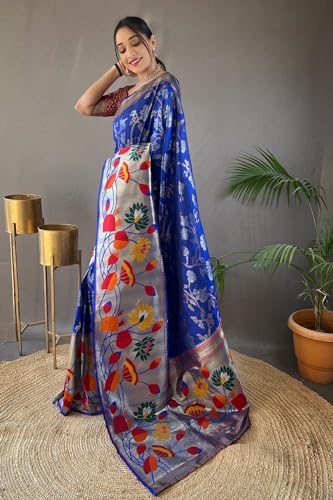 SGF11 Women's Paithani Soft Silk Zari Woven Kanjivaram Sarees With Blouse Piece (Blue) 