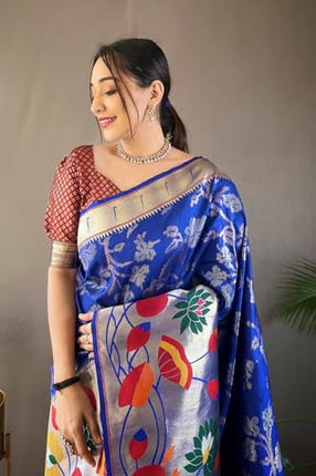 SGF11 Women's Paithani Soft Silk Zari Woven Kanjivaram Sarees With Blouse Piece (Blue) 