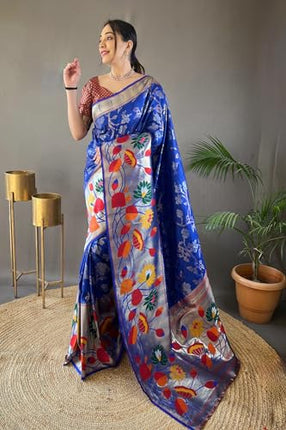 SGF11 Women's Paithani Soft Silk Zari Woven Kanjivaram Sarees With Blouse Piece (Blue) 
