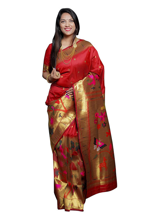 SGF11Women's Paithani Kanjivaram Pure Soft Silk Handloom Saree Pure Golden Zari With Blouse Piece (Red) 