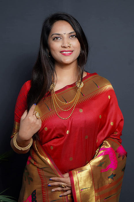 SGF11Women's Paithani Kanjivaram Pure Soft Silk Handloom Saree Pure Golden Zari With Blouse Piece (Red) 
