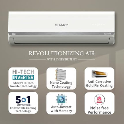 SHARP 1.5 Ton 3 Star Inverter Split AC (Copper, 5in1 Convertible, Turbo Cool Technology, AntiCorrosive Gold Fin, 2025 Model, AHSI18V3BGC, White) 