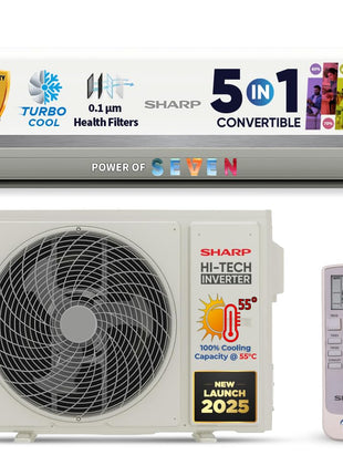 SHARP 1.5 Ton 3 Star Inverter Split AC (Copper, 5in1 Convertible, Turbo Cool Technology, AntiCorrosive Gold Fin, 2025 Model, AHSI18V3BGC, White) 